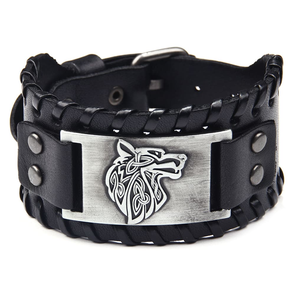 Bracelet Cuir Tête de Loup – Force Nordique