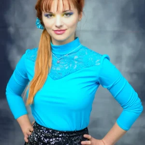 Haut pour femme made in France à manches en lycra bleu turquoise Morgane