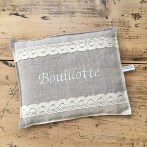 Bouillotte Lin Naturel Brodé « Bouillotte » Dentelle Ecrue