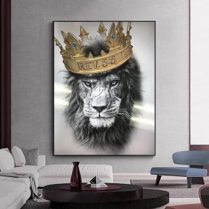 Tableau Tête de Lion Blanc – Couronne Dorée