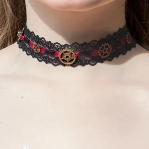 Collier ras-de-cou steampunk style choker bordeaux et noir Made in France