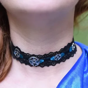 Choker steampunk made in France bleu pétrole et noir